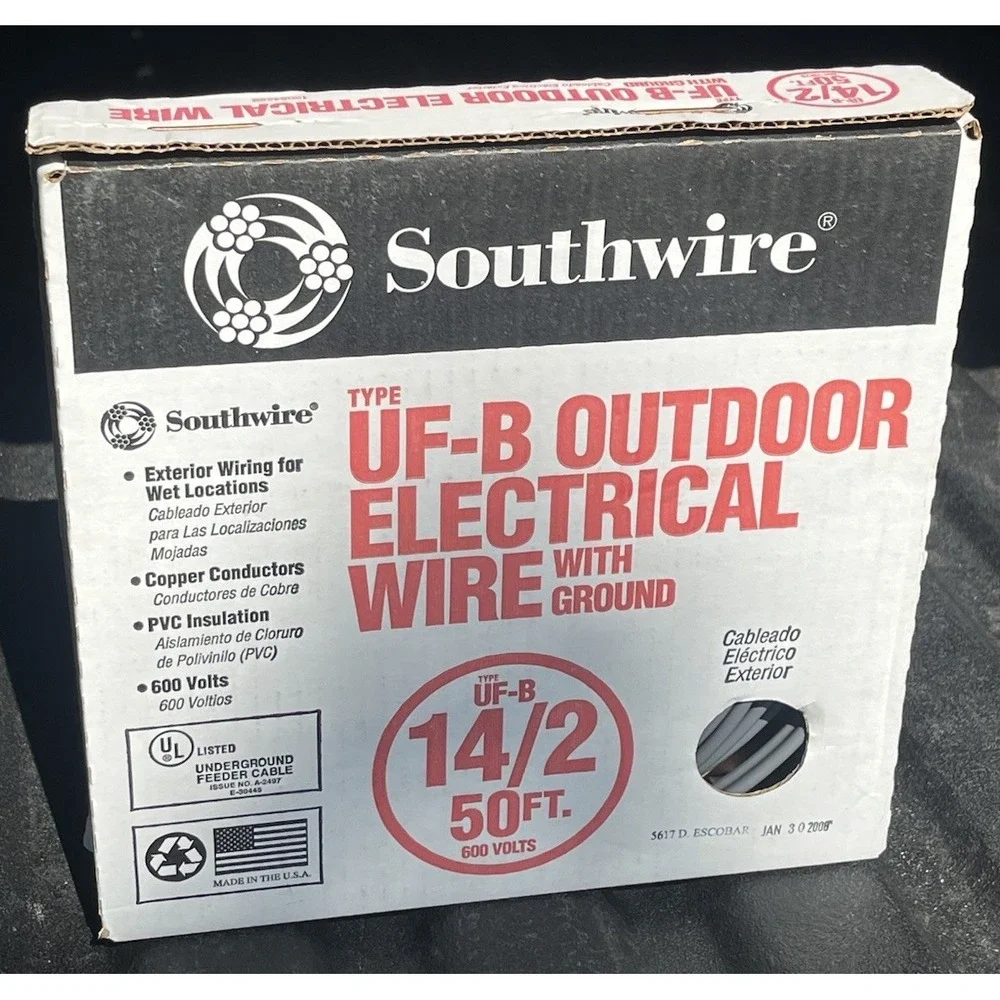 Southwire 14/2 UF-B Outdoor Electrical Wire with Ground - 50 FT Roll 600V NEW